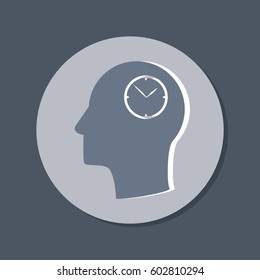 Vector Icon head think silhoutte vector man and his mind about clock. watch sign, Icon watch. symbol time