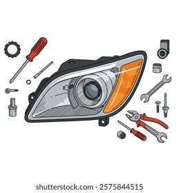 Vector icon of a Headlight repair with headlight assembly and tools on a white background