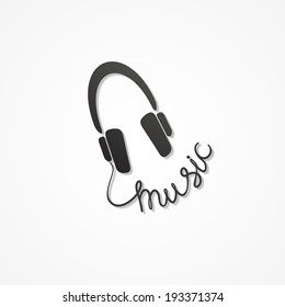 Vector icon headphones with calligraphic text "music"