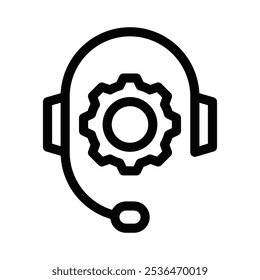 Vector icon of a headset with a gear symbol, representing customer support, service, or technical assistance. Ideal for customer care themes. Editable stroke.