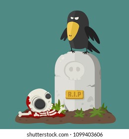 Vector Icon headstone with black crow (raven). Under the tombstone in the grave lies the skeleton and bones.