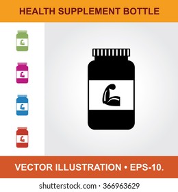 Vector Icon Of Health Supplement Bottle With Title & Small Multicolored Icons. Eps-10.