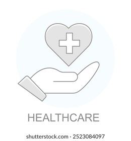 Vector icon for Healthcare. Hand holding a heart symbol with a cross to represent medical services and health support.