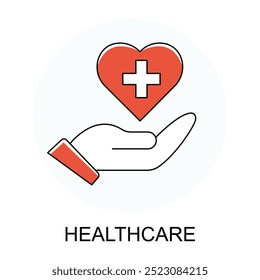 Vector icon for Healthcare. Hand holding a heart symbol with a cross to represent medical services and health support.