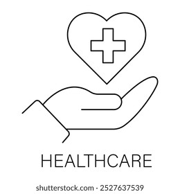 Vector icon for Healthcare. Hand holding a heart symbol with a cross to represent medical services and health support.