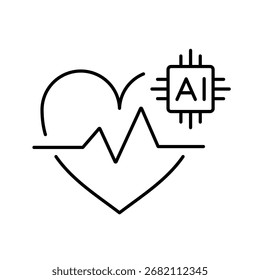 A vector icon of a heart with an ECG line and AI chip, representing smart ECG analysis using AI, created in line style with editable stroke