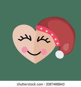 Vector icon of heart in New Year's hat. Heart icon with a smile and eyes in a New Year's hat. Icon of cute heart isolated on green background. Red heart on a green background.