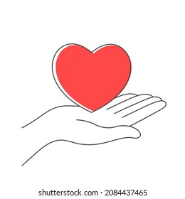 Vektorsymbol mit Herz in offener Hand. Hand, die ein Herz einzeln auf weißem Hintergrund hält. Medizinisches Symbol, Freundlichkeit und Wohltätigkeit, Spende.