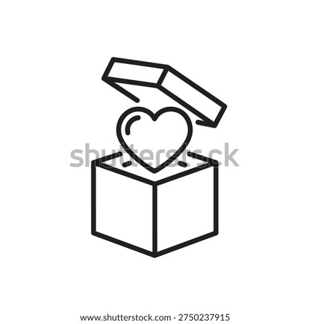 Vector icon of a heart rising from an open square box. Generous gift and humanitarian aid delivery representation.