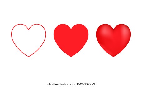 Vector icon hearts collection. Set of red hearts in three different style line, flat, realistic. Romantic Love symbol set, design element for Valentines day, birthday, wedding, invitation, card. 