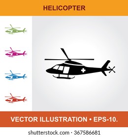 Vector Icon Of Helicopter With Title & Small Multicolored Icons. Eps-10.