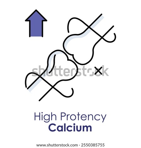 Vector icon for high potency calcium. Shows bones with upward arrows and a cross symbol, representing bone health and calcium supplements.