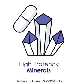  Icono de Vector para minerales de alta potencia. Incluye cristales y una cápsula, que simbolizan los minerales esenciales para la salud y el bienestar general.