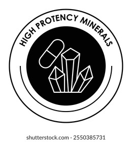  Icono de Vector para minerales de alta potencia. Incluye cristales y una cápsula, que simbolizan los minerales esenciales para la salud y el bienestar general.