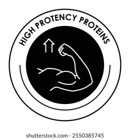 Vector icon for high potency protein. Displays a muscular arm with upward arrows, representing strength, fitness, and muscle-building benefits.