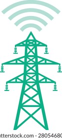 Vector icon of a high-voltage electrical pylon topped with signal waves, representing smart energy grids, power distribution, telecommunications, and modern infrastructure connectivity.