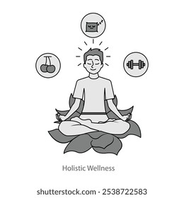 Icono de Vector para el bienestar holístico. Una figura humana rodeada de iconos del sueño, la meditación, el ejercicio y la nutrición, que simbolizan un estilo de vida equilibrado.