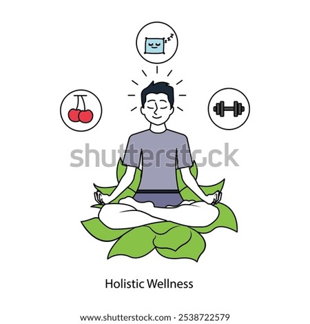 Vector icon for holistic wellness. A human figure surrounded by sleep, meditation, exercise, and nutrition icons, symbolizing a balanced lifestyle.