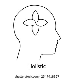 Vector icon for holistic wellness and mindfulness. Shows a human head with a flower, representing holistic health, balance, and spiritual healing.