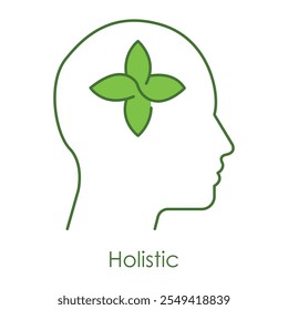 Vector icon for holistic wellness and mindfulness. Shows a human head with a flower, representing holistic health, balance, and spiritual healing.