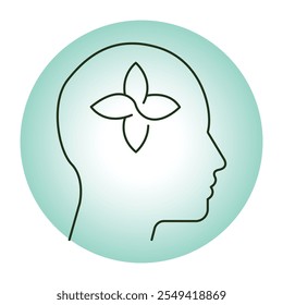 Vector icon for holistic wellness and mindfulness. Shows a human head with a flower, representing holistic health, balance, and spiritual healing.