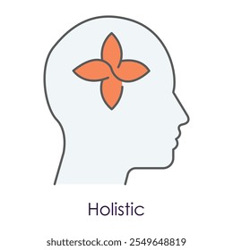 Vector icon for holistic wellness and mindfulness. Shows a human head with a flower, representing holistic health, balance, and spiritual healing.