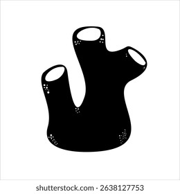 Vector Icon Hollow coral serving as fish shelter,
surrounded by small shallow sea corals,
black silhouette illustration on white background