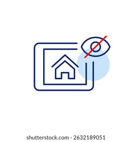 Vector icon of home displayed on tablet with crossed-out eye, symbolizing private residence, hidden smart home controls, or invisible monitoring. Ideal for smart home apps, privacy settings, and real 
