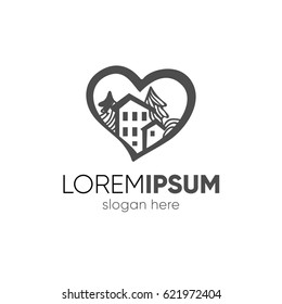 Vector icon with home inside the heart. Doodle hand drawn sign of real estate. Illustration for print, web. Eps-8.