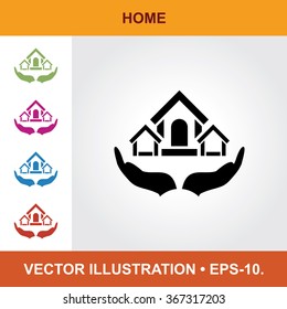 Vector Icon Of Home With Title & Small Multicolored Icons. Eps-10.