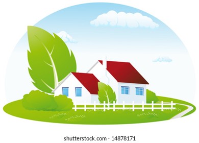 Vector Icon with home tree bush flowers and clouds