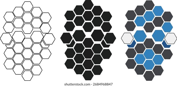 Um ícone de vetor de um padrão de favo de mel ou grade de hexágono. Inclui um contorno, uma silhueta em preto sólido e uma versão colorida representando dados ou estrutura.