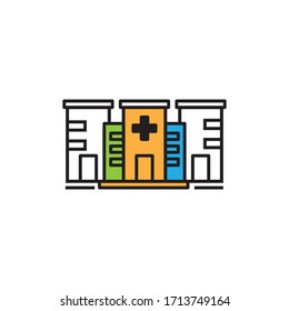 Icono vector de la silueta frontal de la construcción del hospital sobre fondo blanco