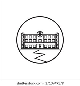Icono vector de la silueta frontal de la construcción del hospital sobre fondo blanco