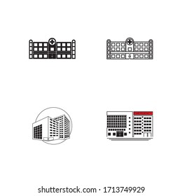 Icono vector de la silueta frontal de la construcción del hospital sobre fondo blanco