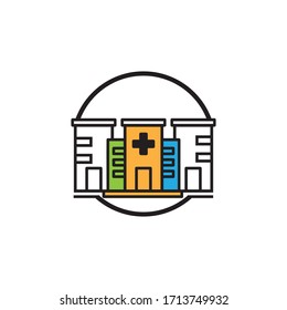 Vector icon of hospital building front silhouette on white background
