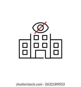 Vector icon of hospital with crossed-out eye, symbolizing confidential care, hidden medical facility, or restricted access. Ideal for healthcare apps, privacy settings, and security platforms