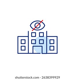 Vector icon of hospital with crossed-out eye, symbolizing confidential care, hidden medical facility, or restricted access. Ideal for healthcare apps, privacy settings, and security