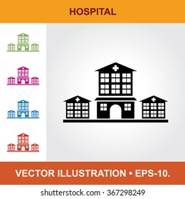 Vector Icon Of Hospital With Title & Small Multicolored Icons. Eps-10.