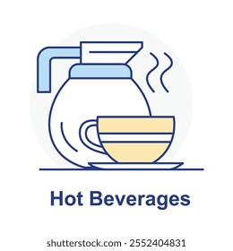 Icono de Vector para bebidas calientes. Representa una cafetera y una taza humeantes, que simbolizan el café o el té recién hecho en restaurantes o cafeterías.