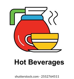 Icono de Vector para bebidas calientes. Representa una cafetera y una taza humeantes, que simbolizan el café o el té recién hecho en restaurantes o cafeterías.