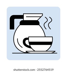 Icono de Vector para bebidas calientes. Representa una cafetera y una taza humeantes, que simbolizan el café o el té recién hecho en restaurantes o cafeterías.