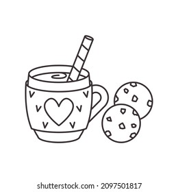 Vector icon - hot cocoa with cookies, in linear style isolated on white background