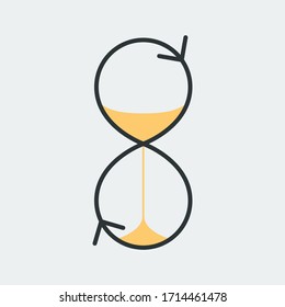 Vector icon of an hourglass with sand and arrows pointing in different directions. It represents a concept of time management, timer, countdown, schedule. Also can be used as a logo, icon or badge