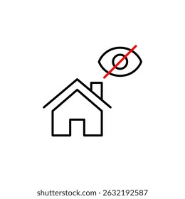 Vector icon of house with crossed-out eye, symbolizing protected privacy, hidden address, or secure living space. Ideal for smart home apps, security services, and privacy-focused designs