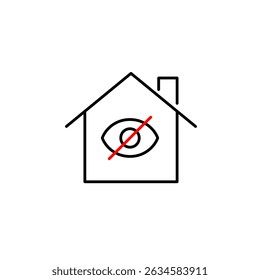Vector icon of house with crossed-out eye, representing confidential home information, restricted access, or concealed ownership. Ideal for housing platforms, insurance apps, and privacy
