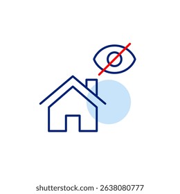 Vector icon of house with crossed-out eye, symbolizing protected privacy, hidden address, or secure living space. Ideal for smart home apps, security services, and privacy design