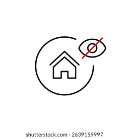 Vector icon of house with crossed-out eye, symbolizing hidden property, private residence, or invisible location. Ideal for real estate apps, security systems, and privacy settings