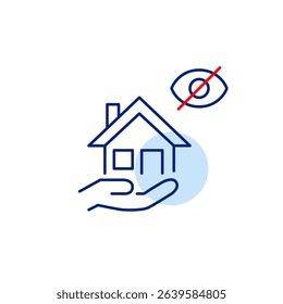 Vector icon of house in hand with crossed-out eye, symbolizing protected privacy, confidential ownership, or hidden property care. Ideal for real estate, insurance apps, and privacy services