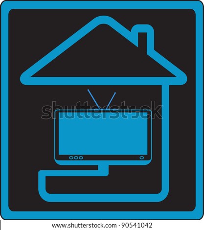 vector icon with house and modern TV silhouette symbol cable television